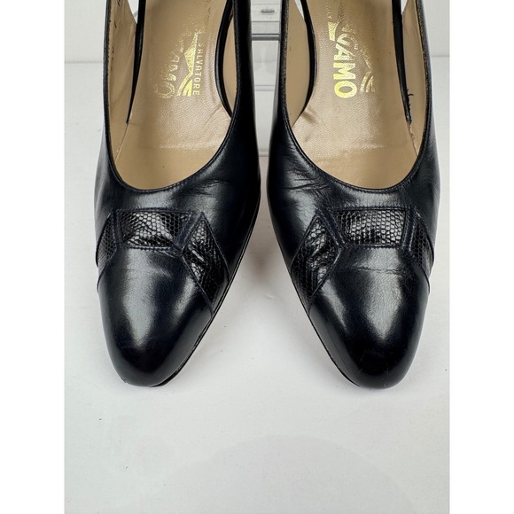 Salvatore Ferragamo Navy Blue Leather Slingback Kitten Heels Womens 7 AAAA Vtg - Picture 8 of 8